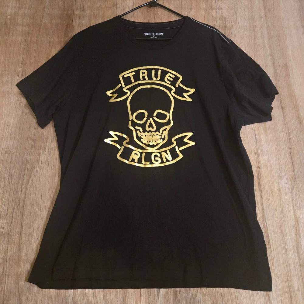 True Religion‎ Mens Neon Skull Graphic Tee Black Gold Metallic 3XL MA451NP34
